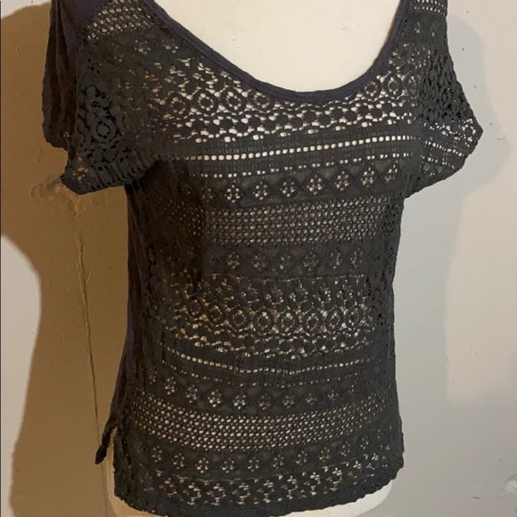Aerie Short Sleeve Wide Scoop Neck Eyelet Front Side Slits Gray Top Size XS - Picture 2 of 7